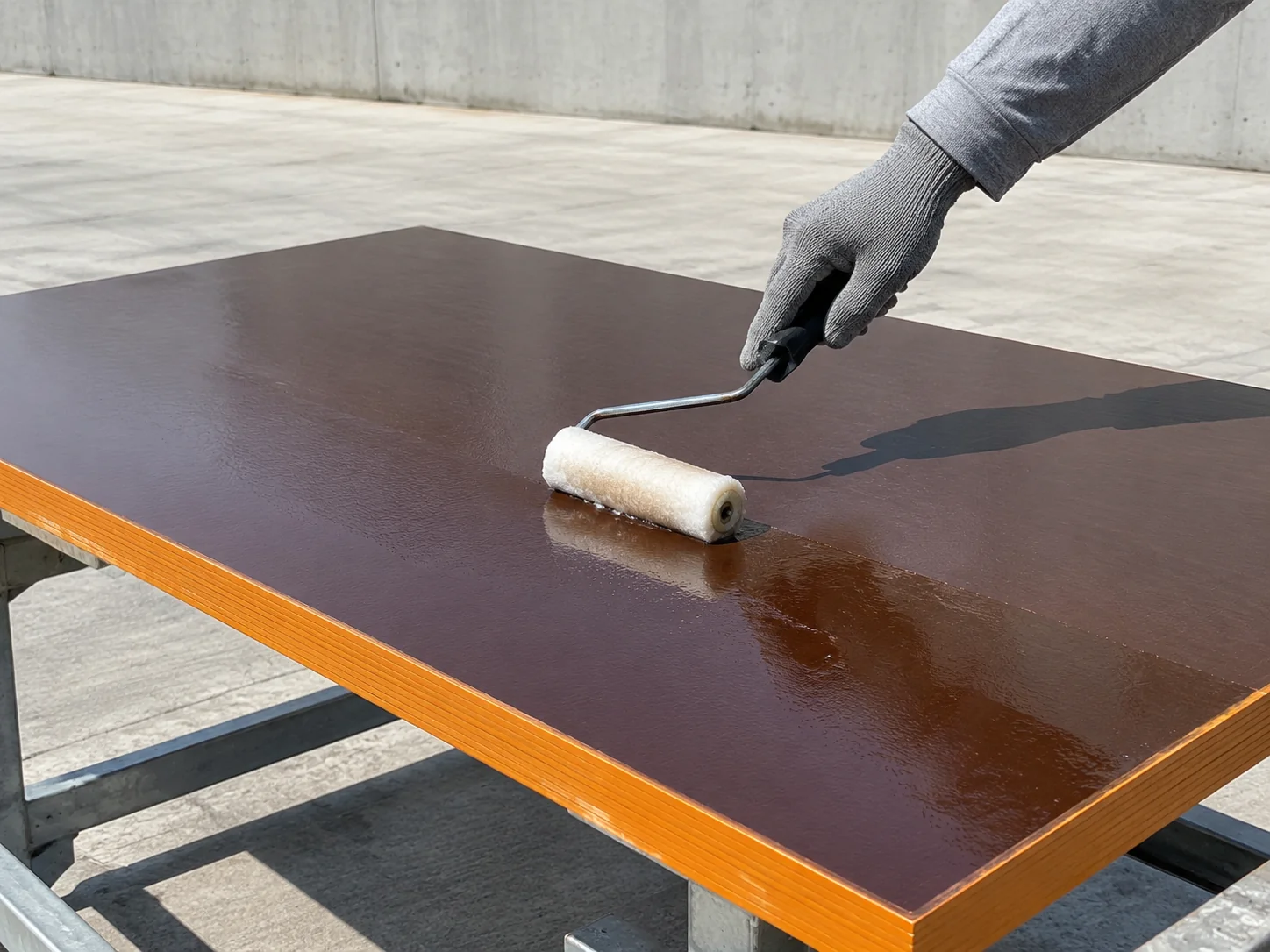Gloved hand rolling a thin coat of clear release oil onto a dark film-faced plywood panel with an amber edge