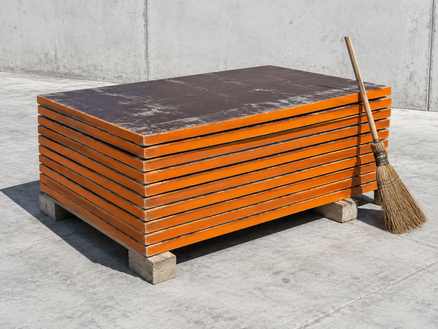Used film-faced plywood formwork panels cleaned and stacked flat on bearers with a broom leaning on the stack